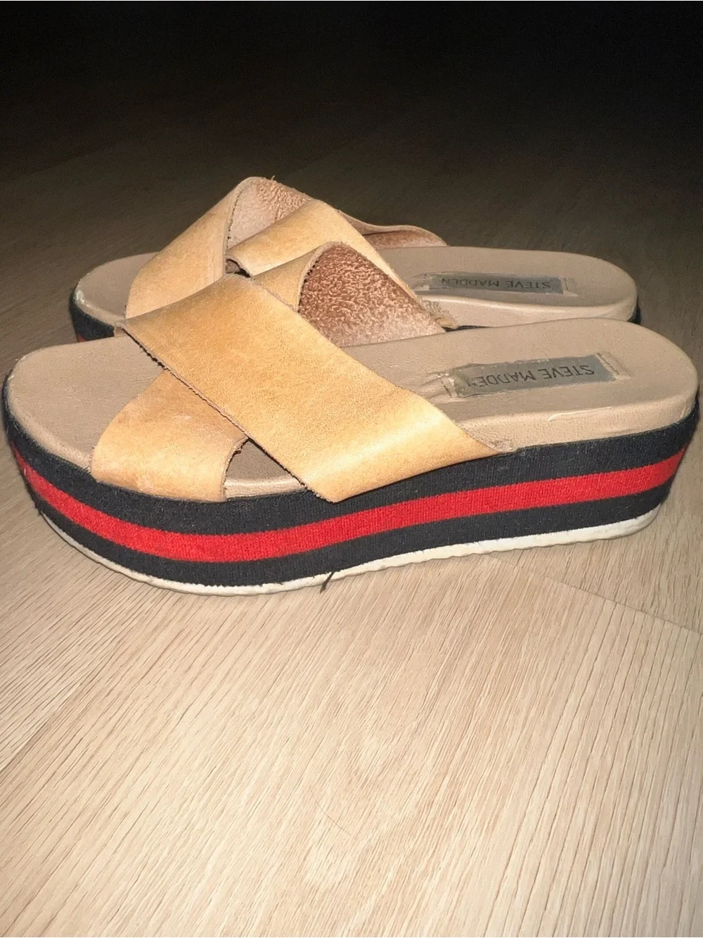 Steve Madden Tan Suede Crisscross Slide Platforms